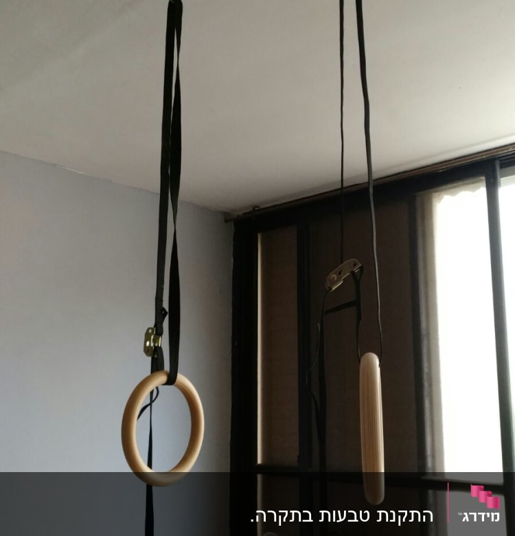 טבעות עץ תלויות מהתקרה עם רצועות שחורות